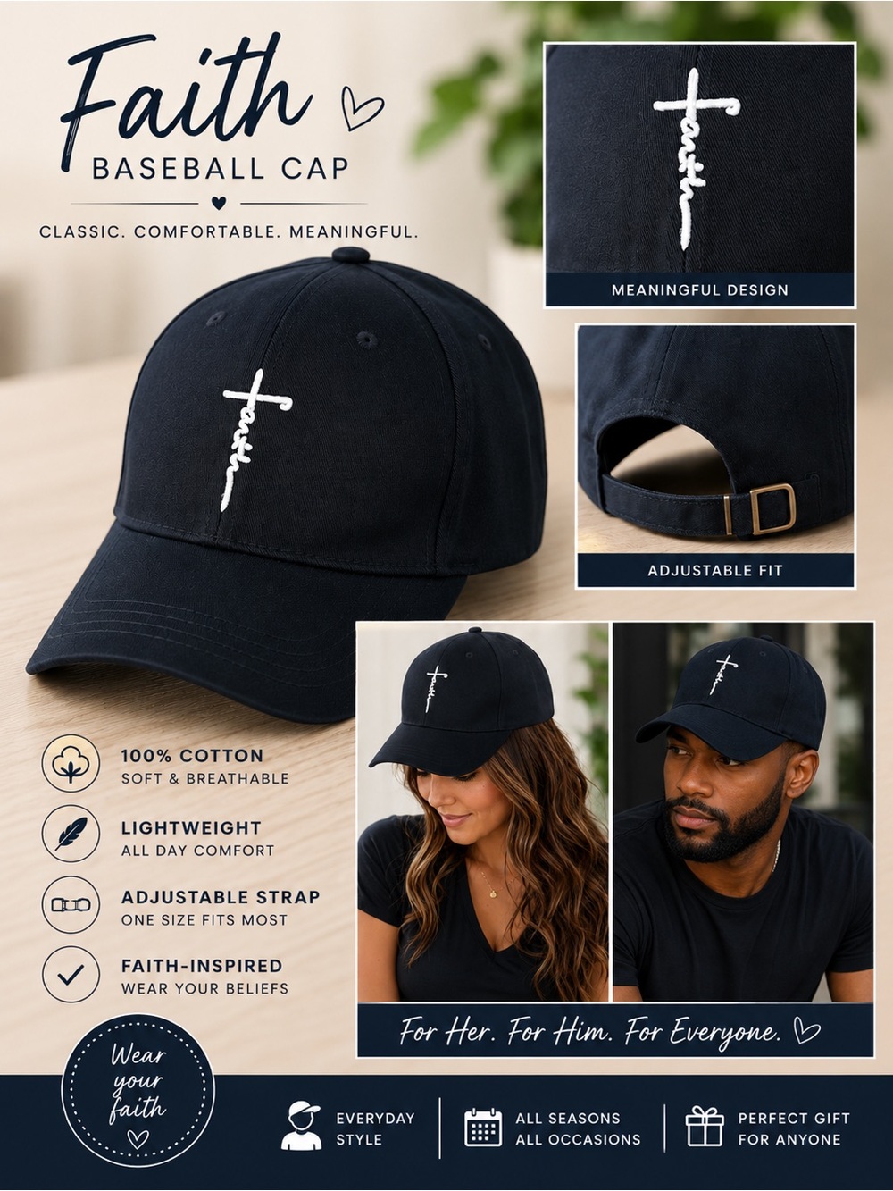 Faith Embroidered Baseball Cap - Black